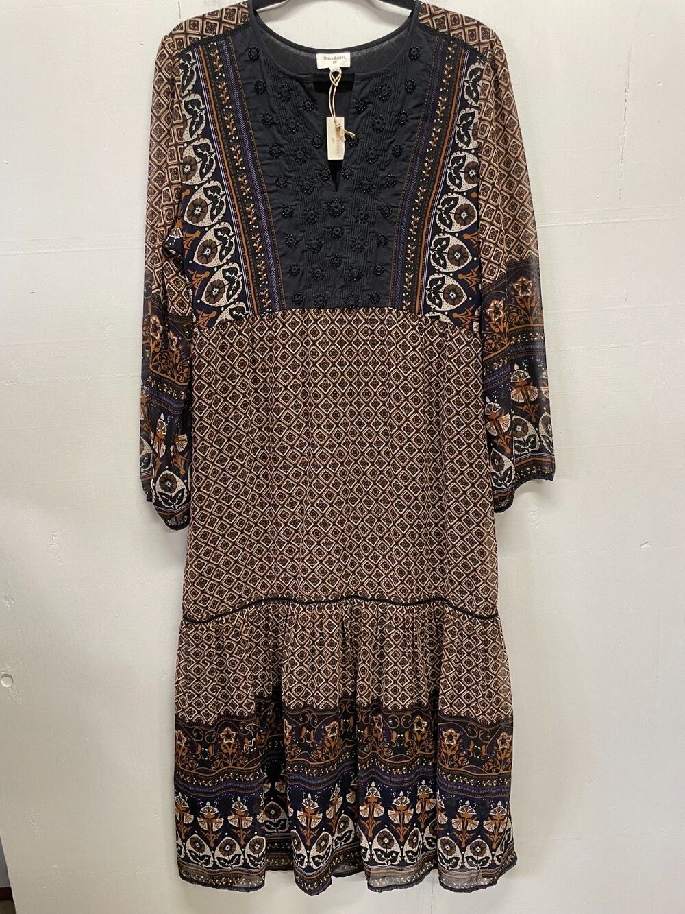 World Market Women's Boho Long Dress Size L/XL Sheer Long Sleeves V-Neck NWT